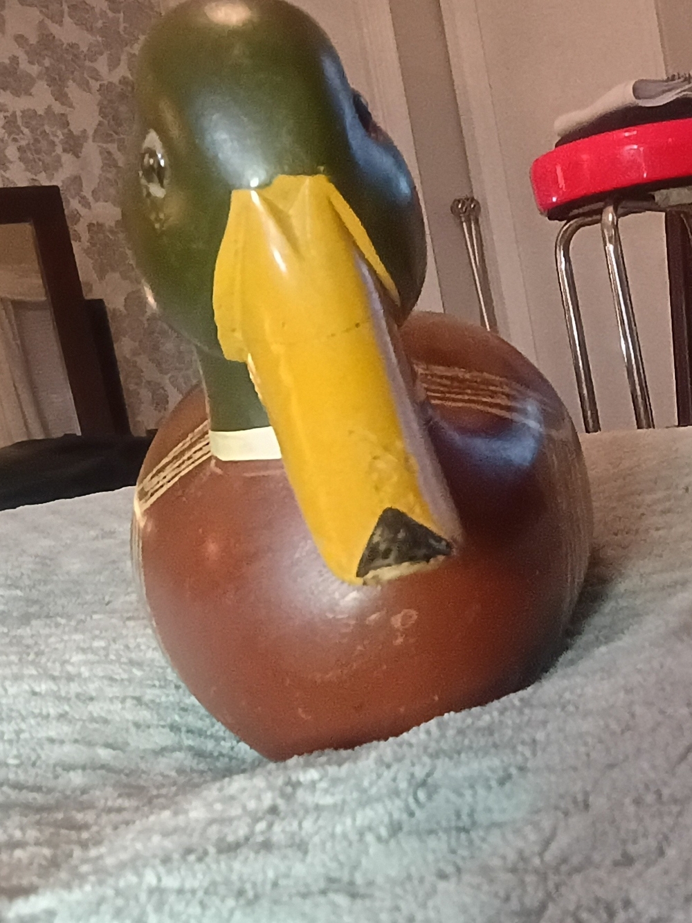 Vintage Wooden Mallard Duck Decoy Green Head, Brown Body, Yellow Beak